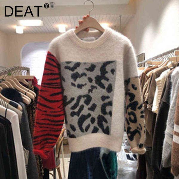 DEAT femmes pull tricot imprimé léopard col rond manches longues Style décontracté pull ample hauts 2021 automne mode 15AK437 Y1110