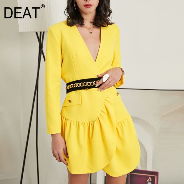 DEAT mujeres amarillo volantes asimétricos bolsillos remache encaje vestido nuevo cuello pico manga larga Slim Fit moda marea verano 7E1221 210428