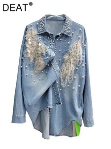 Deat Womens Denim Shirt Loose Broidered Flares Pearls Flowers Chains Patchwork Thin Blouse 2024 Summer Fashion 29L7272 240515