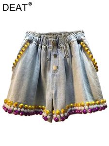 Deat dames denim shorts trekking elastische taille goud paarse parel randen wijd been korte jeans 2024 zomermode 29L1064 240509