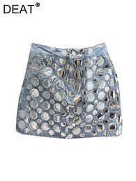 Deat Womens Denim jupe haute taille circulaire paillettes patchwork enveloppe hanche bleue courteciskirts 2024 Mode d'été 29L4143 240515