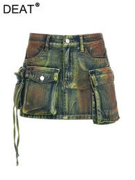 Deat faldas de mezclilla para mujer Tie-dye verde irregular múltiples bolsillos múltiples Cargo Mini falda 2024 Fashion de verano 29L3411 240416