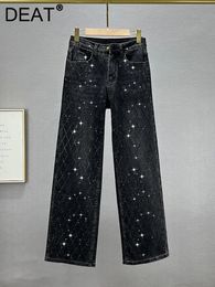 Deat Womens Jeans hauteur taille noire en diamant complet en diamant plaid pantalon de la jambe large de la jambe de la jambe d'été 29L3145 240409