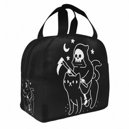 Death ritten een zwarte kat geïsoleerde lunchzakken thermische tas maaltijd ctainer horror hallen grim reaper funky tote lunchbox c5c8#