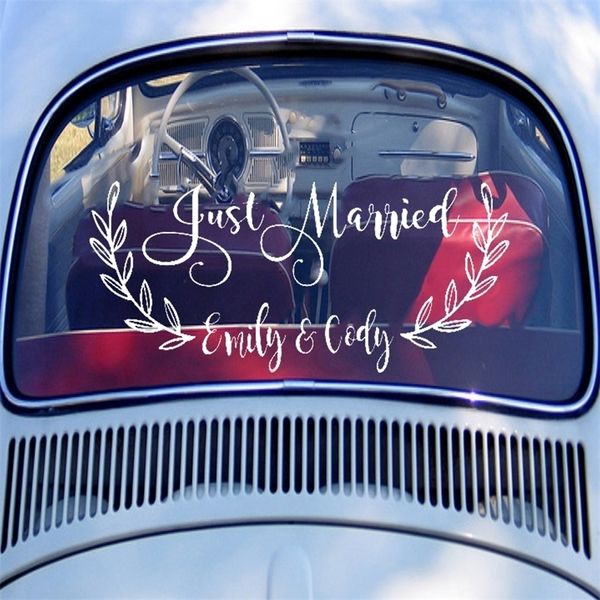 Autocollants de mariage en vinyle, étiquette fantaisie Just Married, personnalisé, nom de la mariée, décor de fenêtre arrière de voiture, LC1285 220621