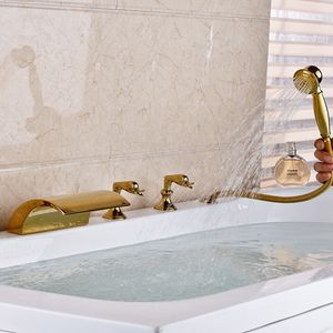 Deck gemonteerde waterval 5 -stcs badkuip kraan mixers wijdverbreid met LED -licht badkuipkraan met handshower