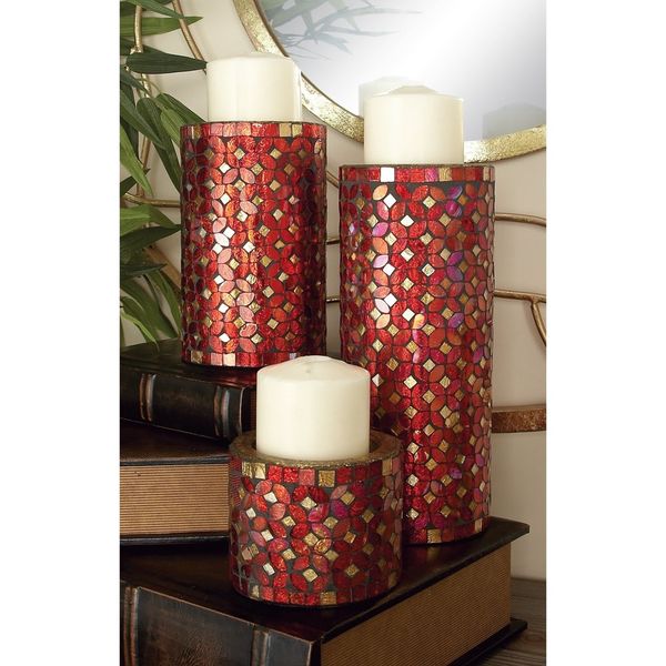 Candelabro de pilar de metal rojo con 3 velas con diseño de mosaico, juego de 3