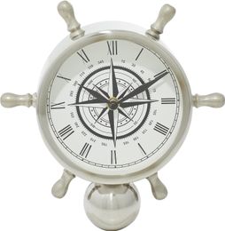 Deco 79 Reloj con rueda de barco de acero inoxidable con base de mármol, 9" x 3" x 8", plateado