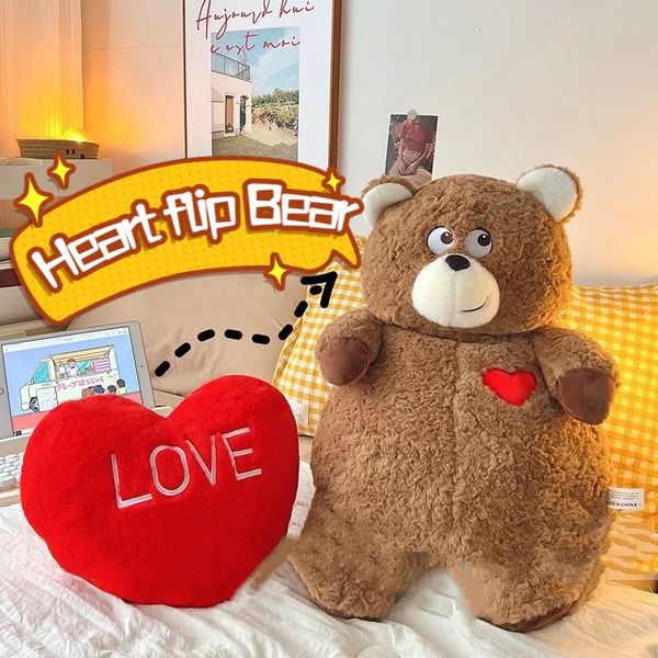 Jouet de décompression 2 en 1 ours en peluche marron Flip rouge coeur d'amour en peluche mignon câlin doux dormir animaux en peluche oreiller en peluche fille enfants cadeau créatif 231007