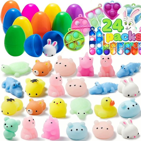 Juguete de descompresión 48PCS Huevos de Pascua precargados Mochi Squishies Juguetes Fidget Llaveros Stress Reliever para Basket Stuffers Party Favors 230802