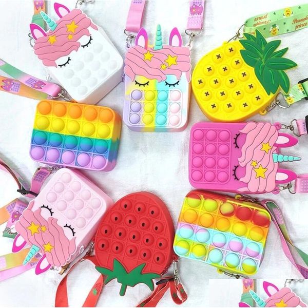 Juguete de descompresión Fidget Sensory Bubble Shoulder Bag Finger Phone Pouch Case Change Monedero Unicornio Juguetes para niños Regalos de Navidad Dhewm