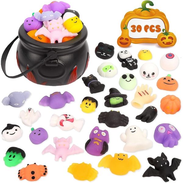 Juguete de descompresión Juguete de Halloween 30PCS para niños Adultos Murciélago Calabaza Gato Mochi aleatorio Juguetes blandos Alivio del estrés Paquetes de ansiedad Favores de fiesta con frasco 230823