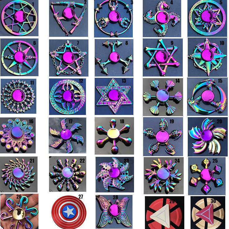 Rainbow Metal Fidget Spinner by SpinJoy - Antistress Toy for Autism and ADHD Featuring Star, Flower, Skull, Dragon Wing Patterns.