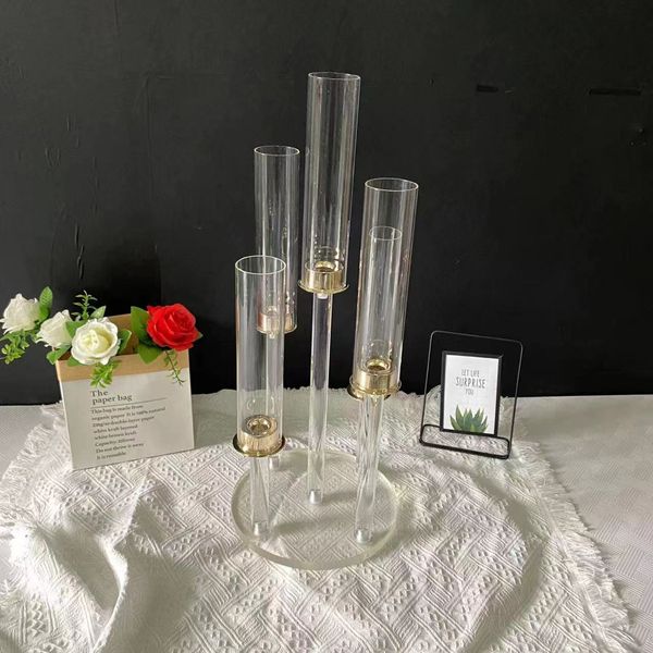 decoración 2022 Nuevo Alto Claro transparente Portavelas Centro de bodas Cristal 5 brazos Vela Holde 5 cabezas candelabros r Para fiesta y matrimonio Decora