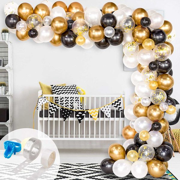 Guirlande de ballons décoratifs en métal, 120 pièces, noir, blanc, or, pour remise de diplôme, réception-cadeau pour bébé, mariage, anniversaire
