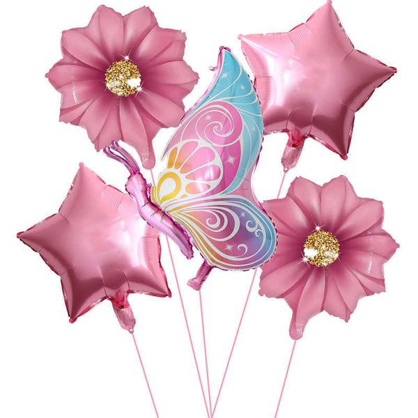 Ballons papillon décoratifs, feuilles de tournesol roses et bleues, décorations pour réception-cadeau pour bébé, fournitures pour anniversaire et mariage