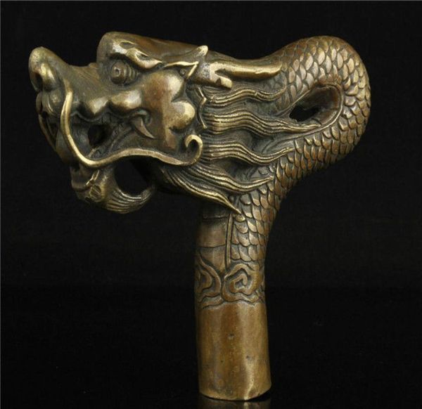 Decoración Cobre de cobre China Old Handwork Talling Bronze Dragon Statue Cabeza de caña Cabezal para caminar 1594793