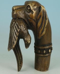 Décoration en cuivre artisanat chinois vieux Bronze sculpté à la main chien mordu oiseaux Statue canne tête de bâton de marche 6854557