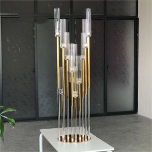 Décoration vente chaude 10 bras longue tige bougeoir en or avec tubes de cheminée pour décor de table de mariage imake632