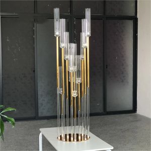 Decoratie Hot Verkoop 10 armen lange stengel gouden kandelaar met schoorsteenbuizen voor bruidstafel Decor Imake632