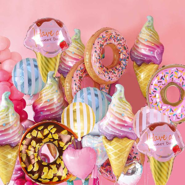 Decoración Rosa Donut labio helado palomitas de maíz globo de papel de aluminio Baby Shower decoración de feliz cumpleaños globo niño niña lindo juguete para niños