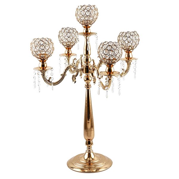 Bougeoir simple en laiton doré, accessoires de décoration de mariage, bougeoir en verre doré et cristal à 5 bras, Candelabraimake119