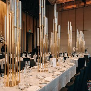 Décoration de table de mariage pièce maîtresse 5 têtes bougeoir en métal doré candélabre en cristal avec tube acrylique imake0036