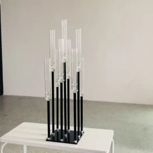 decoración Venta al por mayor nueva tendencia negro alto de tallo largo mesa de acrílico candelabro centro de mesa de boda candelabros de tubo de metal de cristal para la venta imake631