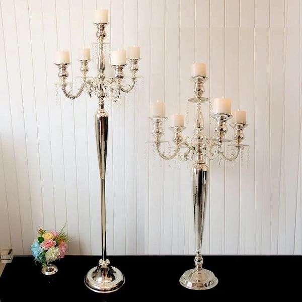 Decoración al por mayor alto 5 brazos candelabro niquelado metal candelabro candelabro para decoración de boda imake683