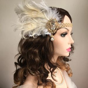 Decoración Mujer Diadema de Plumas Vintage Cadena de Metal de Diamantes de imitación Blanco Tocado de Fiesta Vintage Gatsby de los años 20 para Accesorios de Carnaval de Fiesta