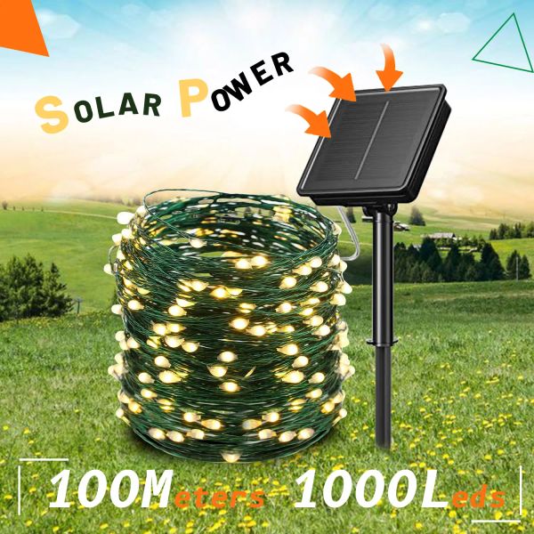 Décorations 1000 LEDS Backyard Solar Outdoor String Lights Ins Garden 100m Fairy for Wedding Aesthetic Green Ramadan Decoration Christmas