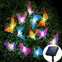 Decoraciones 12 LED Solar Butterfly Lamp String óptica Fibra óptica Fairy Light Impermeable navidad al aire libre Decoración de vacaciones en el jardín al aire libre