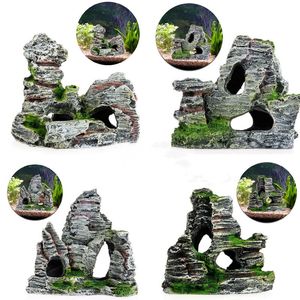 Decoraties 1PCS Emulatie Rotstuin Bergzicht Rotsgrot Steen Boomhut Hars Ambachten Aquarium Landschapsornamenten Aquariumaccessoires 230617