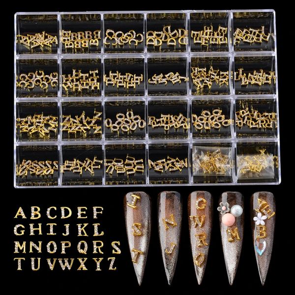 Décorations 260pcs Lettres Charmes à clou Kit Gold / Silver / Rose Metal Designer Nail Rimestone Bijoux Alphabet 3D Nail Art Diamonds Décorations
