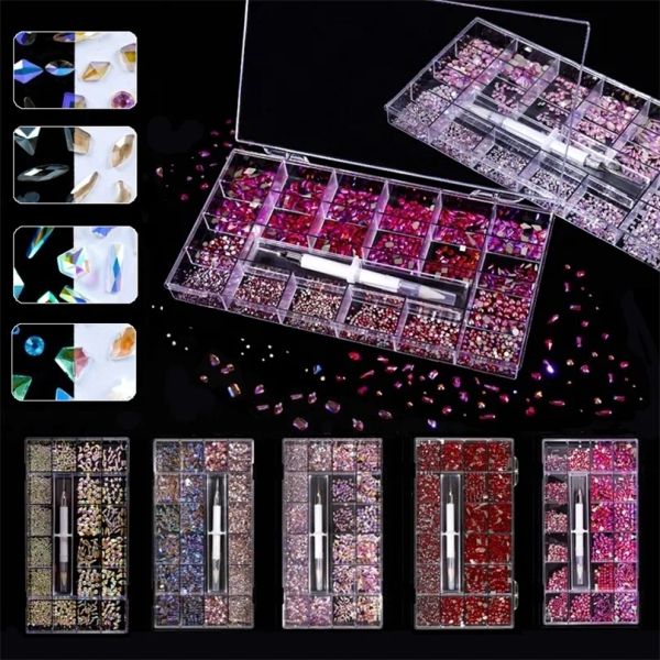 Décorations 2800 / 3100pcs Kit de strass nail art with Ab Crystal Rose Rose Stones, Manucure Decoration Ensemble avec stylo à forage