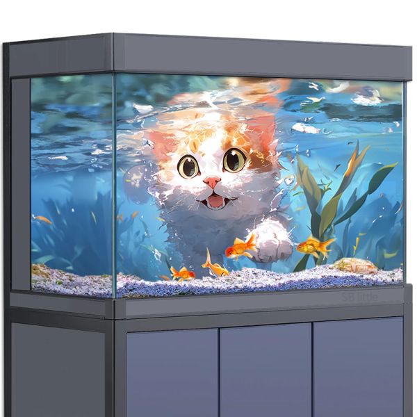 Décorations autocollant de fond d'aquarium, affiche de chat sous-marin HD 3D, décoration pour réservoirs de poissons de 560 gallons, habitat de reptiles