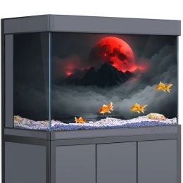 Décorations Autocollant de fond d'aquarium Décoration pour aquariums, Lune de sang Brume Nuages Montagnes HD 3D Affiche auto-adhésive imperméable
