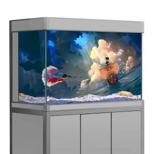 Décorations Autocollant de fond d'aquarium, une pièce de bateau pirate, papier peint imprimé HD, décorations de fond d'aquarium, affiche de paysage en PVC
