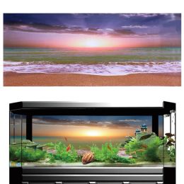 Décorations Ornements d'aquarium Effet 3D Adhésif Coucher de Soleil de Plage Affiche pour Aquarium Poisson Décoration Océan Mer Plantes Toile de Fond Décor d'aquarium