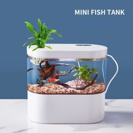 Decoraties Desktop Creative Mini Aquarium Aquarium met biochemisch filtersysteem en LED-licht Betta Fish Ecologische watercyclus 230625
