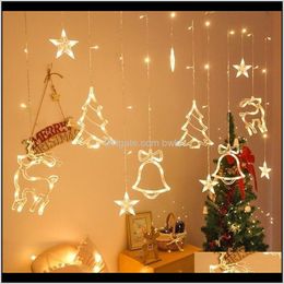 Decoraties Feestelijke Feestartikelen Tuin Drop Levering 2021 Kerst LED 3DOT5M Gordijn Garland Star Bells Decor voor Home 220 V Fairy Ligh