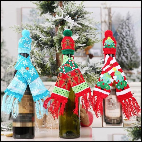 Decoraciones Suministros festivos para fiestas Hogar Jardín Botón de punto Botella de vino Adornos navideños Hombre de jengibre Copo de nieve Árbol Bufanda Sombrero Er