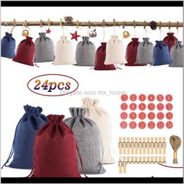 Décorations Fournitures de fête festives Jardin de la maison24pcs Noël 1-24 Calendrier de l'Avent Bundle Sac Arty Favors Coton Lin Emballage cadeau Bonbons