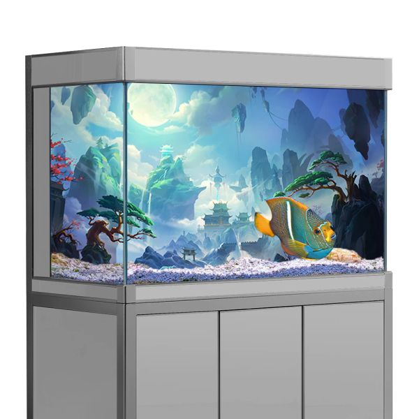 Décorations autocollant de fond d'aquarium, papier peint imprimé HD, monde fantastique, lune, montagne, décorations de fond d'aquarium en PVC