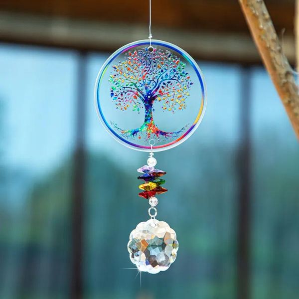 Décorations Décorations de jardin H D Chakra Arbre de vie Suncatcher fait à la main en cristal Mandala Prisme Décor Fenêtre Voiture Mur Art Ornement Suspendu pour