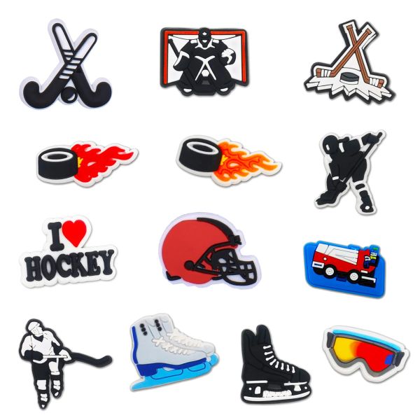 Decoraciones Tema de hockey sobre hielo Encantadores de silicona de silicona Ornamento de calzado Pins de pulsera Accesorios Skate Puck Garden Slipper Decoración 100 PCS