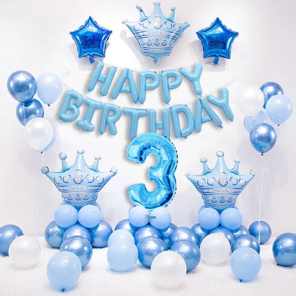 Ensemble de décorations pour enfants, couronne bleue et rose, ballons d'anniversaire à hélium, en aluminium, pour bébé garçon et fille, fête de 1er anniversaire