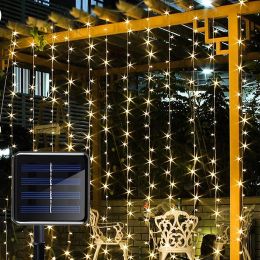 Decoraties LED Solar Curtain String Lights Copper Wire Outdoor Lamp Solar Fairy Lights Garland voor Garden Party Patio Terrace Camping Decor