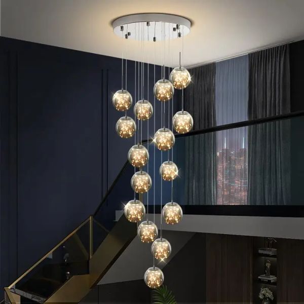 Décorations LED moderne Chandelier en verre balle dimmable pour l'escalier de salon suspend les lampes de décoration intérieure Éclairage de conception de suspension