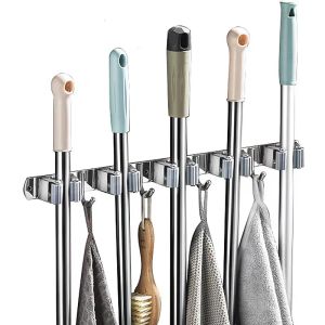 Décorations Mop Broom Holder Moup mural 5 Racks 4 Hooks Broom Organisateur Home Kitchen Garden Laundry Garage Storage Tools Racks Crochets